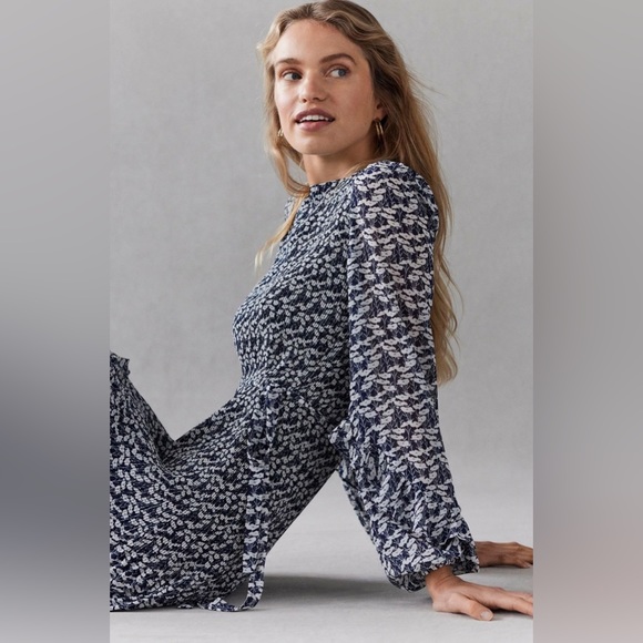 Boden Long Puff Sleeve Plisse’ Belted A-line Mini Dress French Navy Poppy Vine - Picture 10 of 12